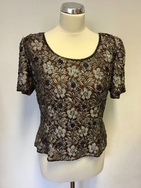 FRANK USHER BROWN BEADED & SEQUINED FLORAL SHORT SLEEVE TOP SIZE 14