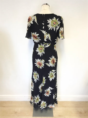 TAYLOR NAVY BLUE FLORAL PRINT SHORT SLEEVE LONG DRESS SIZE 8 UK 12
