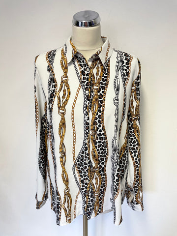 LEFTIES IVORY,BLACK & LEOPARD PRINT BELT & CHAIN PATTERNED BLOUSE SIZE L