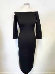 ZARA BLACK STRETCH JERSEY OFF SHOULDER 3/4 SLEEVE MIDI  DRESS SIZE M