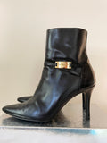LK BENNETT BLACK LEATHER WITH GOLD PLATE TRIM STILETTO HEEL ANKLE BOOTS SIZE 6/39