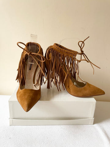 BRAND NEW ZARA TAN FAUX SUEDE FRINGE TRIM HEELS SIZE 5/38