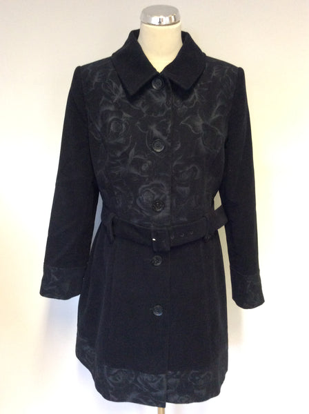 PER UNA BLACK EMBOSSED FLORAL PRINT BELTED COAT SIZE 16