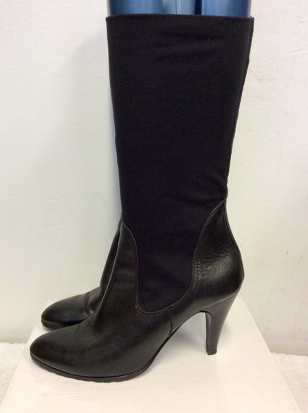 MARCCAIN BLACK LEATHER & STRETCH FABRIC CALF LENGTH BOOTS SIZE 6/39