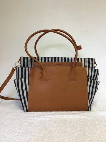 BRAND NEW RARE HENRI BENDEL MISS BENDEL TAN LEATHER & BROWN STRIPE BABY / TRAVEL BAG