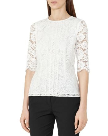 REISS MITSY OFF WHITE LACE SHORT SLEEVE TOP SIZE 8