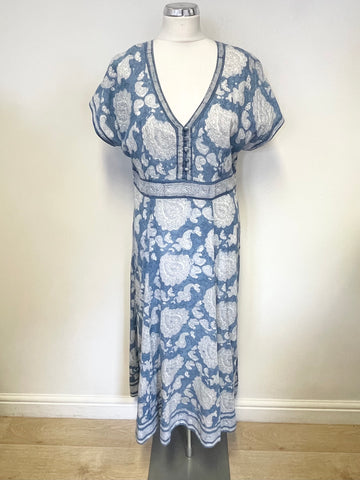 ANOKHI FOR EAST BLUE & WHITE PAISLEY PRINT MIDI DRESS SIZE 14