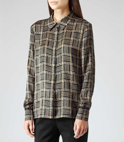 REISS BLACK & GOLD PRINT SILK SHIRT SIZE 8