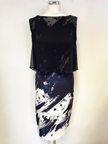 BRAND NEW PHASE EIGHT NAVY BLUE & WHITE PRINT SHEER OVERLAY TOP PENCIL DRESS SIZE 10