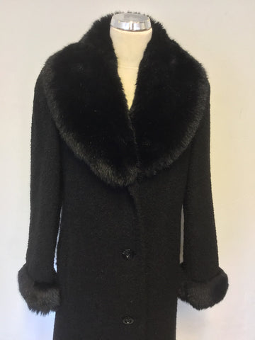 MARKS & SPENCER BLACK BOUCHLE WOOL COAT WITH FAUX FUR TRIMS SIZE 8 X LONG