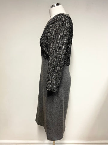 JAEGER GREY WITH BLACK TWEED DETAIL 3/4 SLEEVE SHIFT DRESS SIZE 8