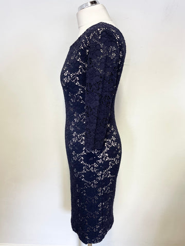 GINA BACCONI NAVY LACE OVER CREAM 3/4 LENGTH SLEEVE PENCIL DRESS SIZE 10