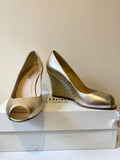 LK BENNETT PALE GOLD LEATHER PEEP TOE WEDGE HEELS SIZE 5/38
