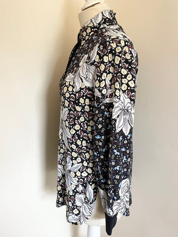 JIGSAW BLACK,BLUE,BROWN & WHITE FLORAL PRINT SILK SHIRT SIZE 6