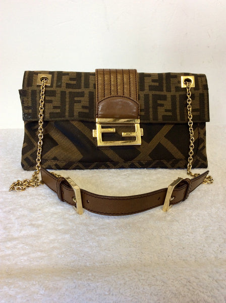 FENDI MALVA BROWN CLOTH & LEATHER TRIM GOLD CHAIN SHOULDER STRAP BAGUETTE