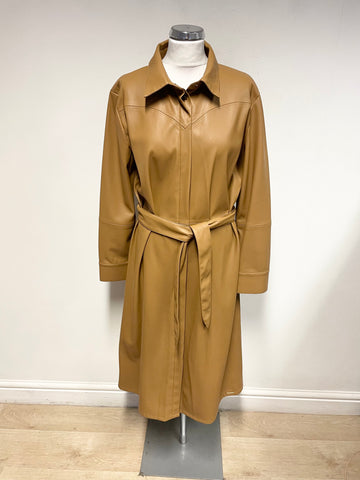 RINO & PELLE TAN FAUX LEATHER BELTED MIDI SHIRT DRESS SIZE 44 UK 16