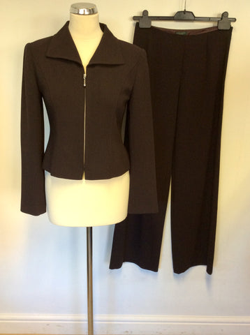 HOBBS DARK BROWN WOOL ZIP UP JACKET & TROUSER SUIT SIZE 10