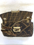 FENDI MALVA BROWN CLOTH & LEATHER TRIM GOLD CHAIN SHOULDER STRAP BAGUETTE