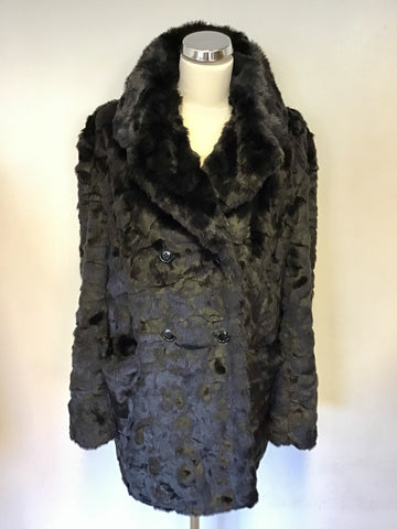 FRENCH CONNECTION BLACK FAUX FUR DOUBLE BREASTED COAT SIZE 14