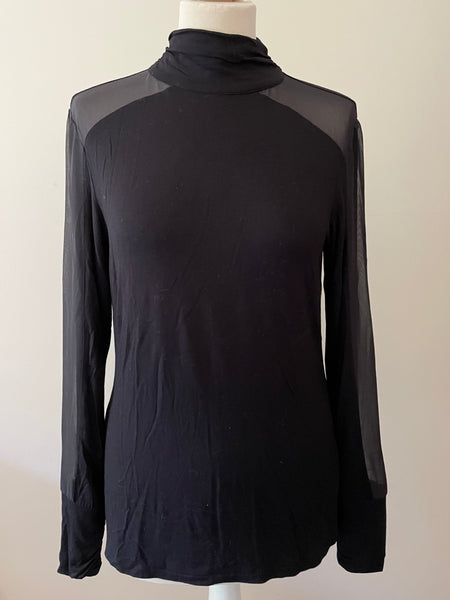 KAREN MILLEN BLACK HIGH NECK SEMI SHEER LONG SLEEVE TOP SIZE 14