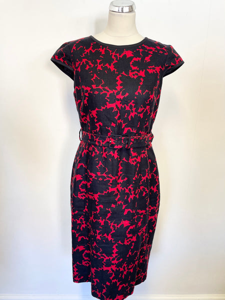 HOBBS NAVY BLUE & RED PRINT LINEN CAP SLEEVE BELTED PENCIL DRESS SIZE 12