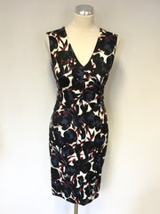 JIGSAW IVORY WITH BLACK,BLUE & BURGUNDY FLORAL PRINT SLEEVELESS PENCIL DRESS SIZE 8