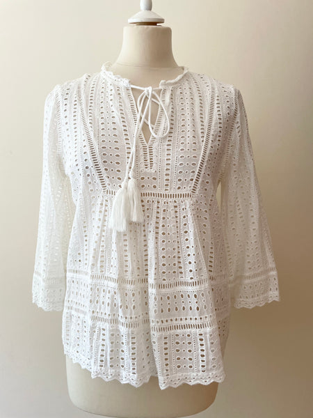 WHISTLES WHITE COTTON BROIDERY ANGLAISE 3/4 SLEEVE TOP SIZE 12