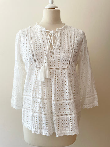 WHISTLES WHITE COTTON BROIDERY ANGLAISE 3/4 SLEEVE TOP SIZE 12