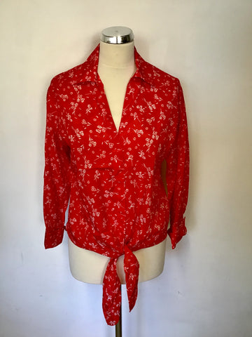 JIGSAW RED & WHITE FLORAL PRINT TIE FRONT 3/4 SLEEVE BLOUSE SIZE 10