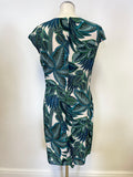 WHISTLES BLUE & GREEN LEAF PRINT SILK CAP SLEEVE SHEATH DRESS SIZE 16
