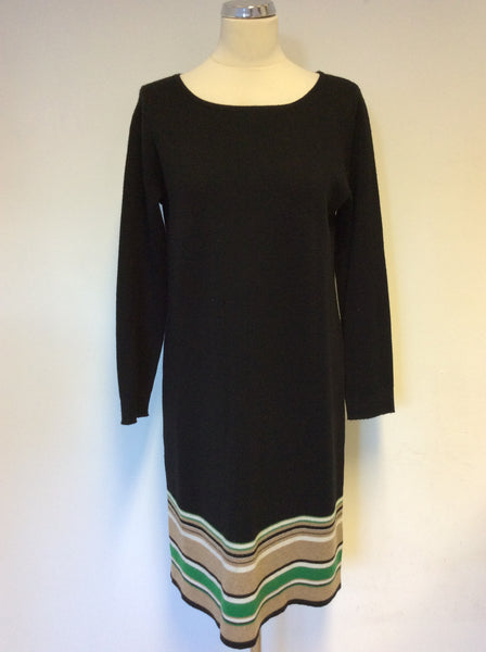 JAEGER BLACK WITH FAWN,WHITE & GREEN STRIPE WOOL KNIT DRESS SIZE M
