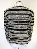 BRAND NEW M&CO BLACK, IVORY & METALLIC WEAVE STRIPE COLLARLESS ZIP FRONT JACKET SIZE 16
