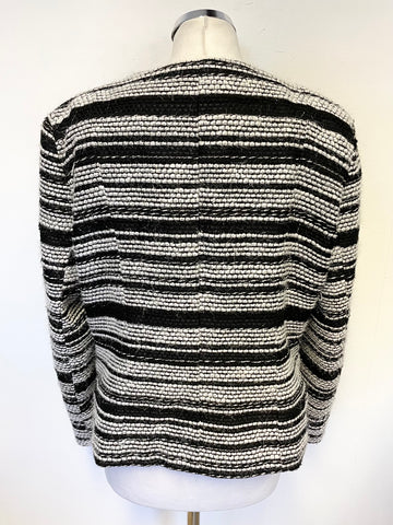 BRAND NEW M&CO BLACK, IVORY & METALLIC WEAVE STRIPE COLLARLESS ZIP FRONT JACKET SIZE 16