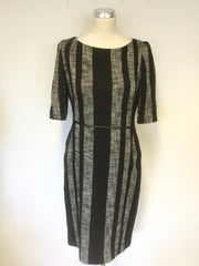 HOBBS BLACK & GREY MARL STRIPED SHORT SLEEVE PENCIL DRESS SIZE 10