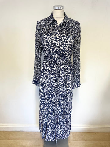 BRAND NEW FRENCH CONNECTION BLUE & WHITE PRINT LONG SLEEVE BELTED SHIRT DRESS SIZE 8