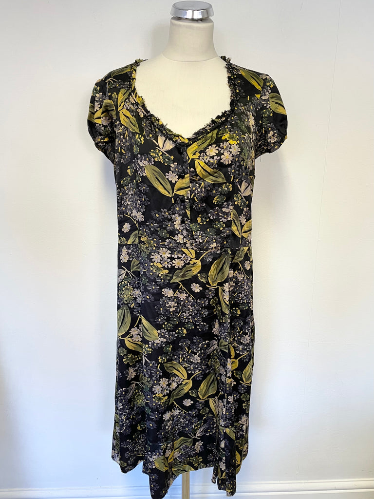 WHISTLES BLACK,GREEN & MUSTARD FLORAL PRINT SILK CAP SLEEVE TEA DRESS Whispers Dress Agency WHISTLES BLACK,GREEN & MUSTARD FLORAL PRINT SILK CAP SLEEVE TEA DRESS Whispers Dress Agency