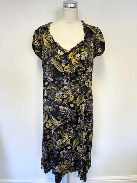 WHISTLES BLACK,GREEN & MUSTARD FLORAL PRINT SILK CAP SLEEVE TEA DRESS SIZE 16