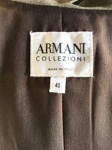 ARMANI COLLEZIONI BROWN WOOL BLEND WITH LEATHER TRIM JACKET & TROUSER SUIT SIZE 40 UK 8