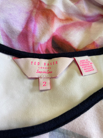 TED BAKER PINK FLORAL & STRIPED STRETCH JERSEY SLEEVELESS TANK MIDI DRESS SIZE 2 UK 10/12
