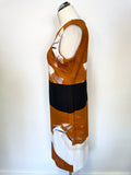 MAX MARA BURNT ORANGE,BLACK & IVORY PRINT SLEEVELESS SHIFT DRESS SIZE 14