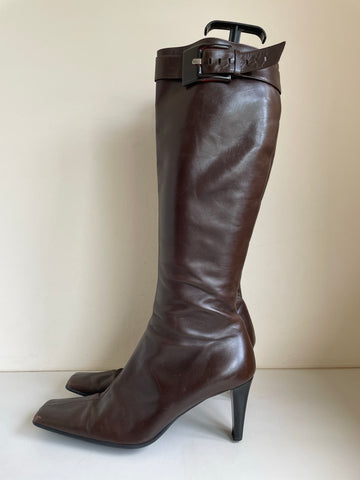 LINEA BROWN LEATHER SLIM LEG KNEE HIGH BOOTS  SIZE 4.5/37.5