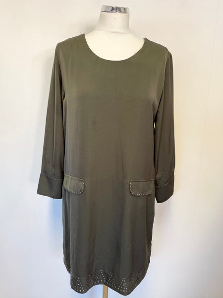 SNOB JUNO KHAKI STUD EMBELLISHED 3/4 SLEEVE SHIFT DRESS SIZE 40 UK 12