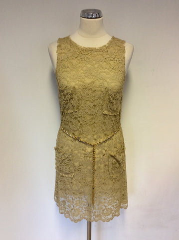 DOLCE & GABBANA CAMEL BEIGE LACE & SILK CHAIN BELT DRESS SIZE 38 UK 6/8