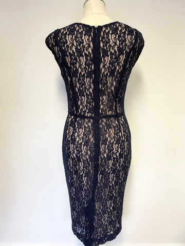 FRENCH CONNECTION NAVY LACE CREAM LINED SLEEVELESS PENCIL DRESS SIZE 10