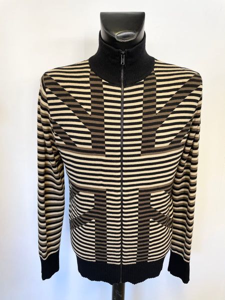 FAKE LONDON BLACK,BROWN & BEIGE 100% WOOL ZIP UP STRIPED CARDIGAN SIZE L