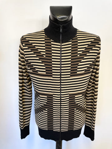 FAKE LONDON BLACK,BROWN & BEIGE 100% WOOL ZIP UP STRIPED CARDIGAN SIZE L