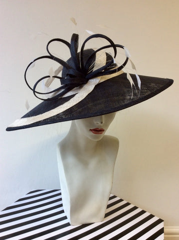 BRAND NEW MADDOX NAVY BLUE & NATURAL TRIM WIDE BRIM FORMAL HAT