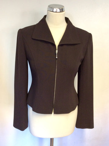 HOBBS DARK BROWN WOOL ZIP UP JACKET & TROUSER SUIT SIZE 10