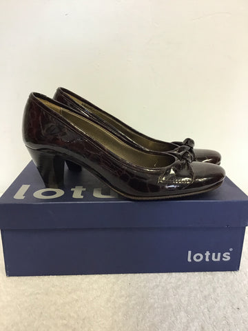 BRAND NEW LOTUS TATUM DARK BROWN PATENT CROC PRINT BOW TRIM HEELS SIZE 4/37