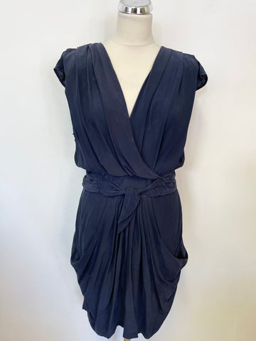WHISTLES NAVY BLUE SILK CAP SLEEVED TIE WAIST DRESS SIZE 14